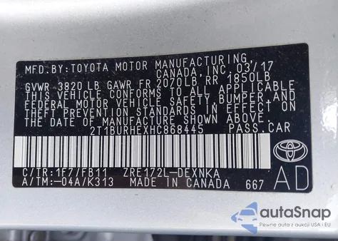 2017 Toyota Corolla Le из США, поврежденный, VIN 2T1BURHEXHC868445